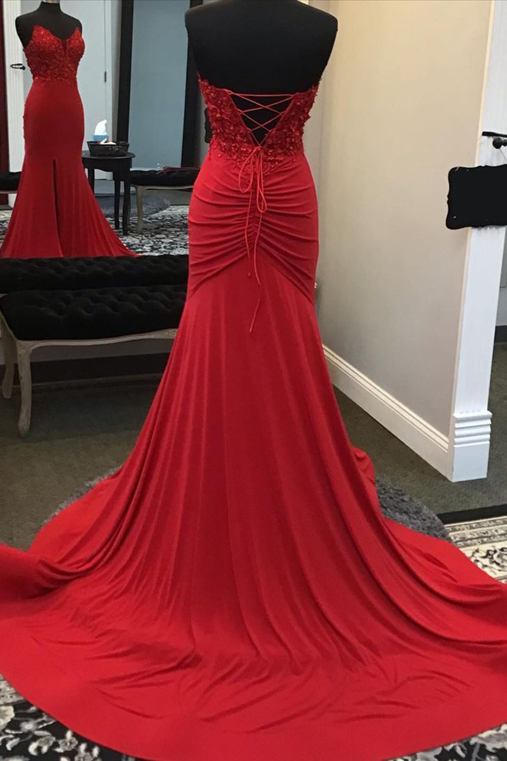 Beaded Prom Dress Red Mermaid Evening Dress with Appliques