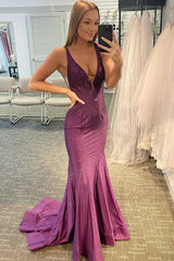 Beaded Prom Dress V-neck Purple Mermaid Evening Dress