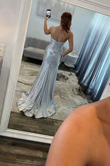 Beaded Satin Prom Dress Silver Mermaid Strapless Long Formal Dress With Slit