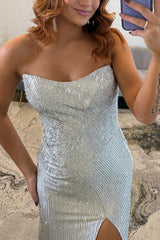 Beaded Satin Prom Dress Silver Mermaid Strapless Long Formal Dress With Slit