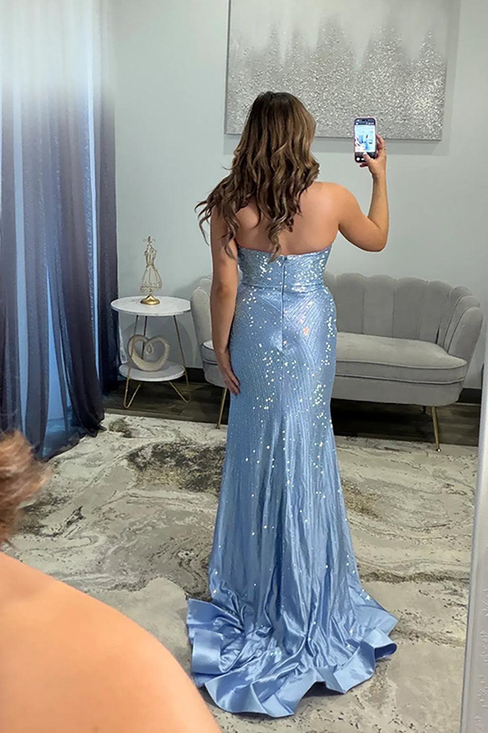 Beaded Satin Prom Dress Silver Mermaid Strapless Long Formal Dress With Slit