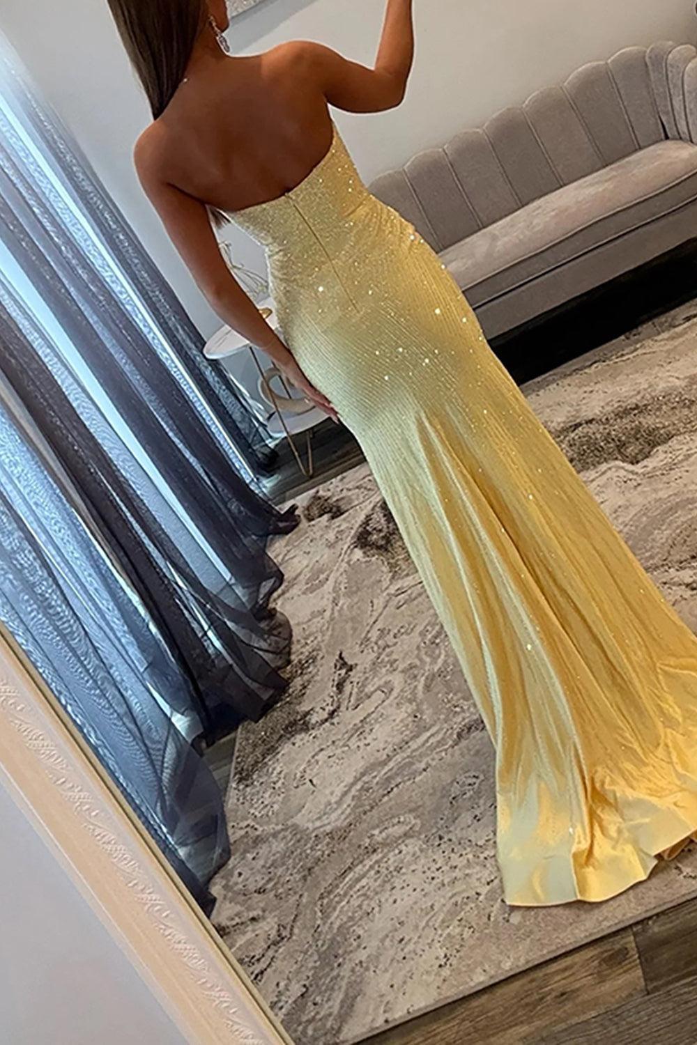 Beaded Satin Prom Dress Silver Mermaid Strapless Long Formal Dress With Slit