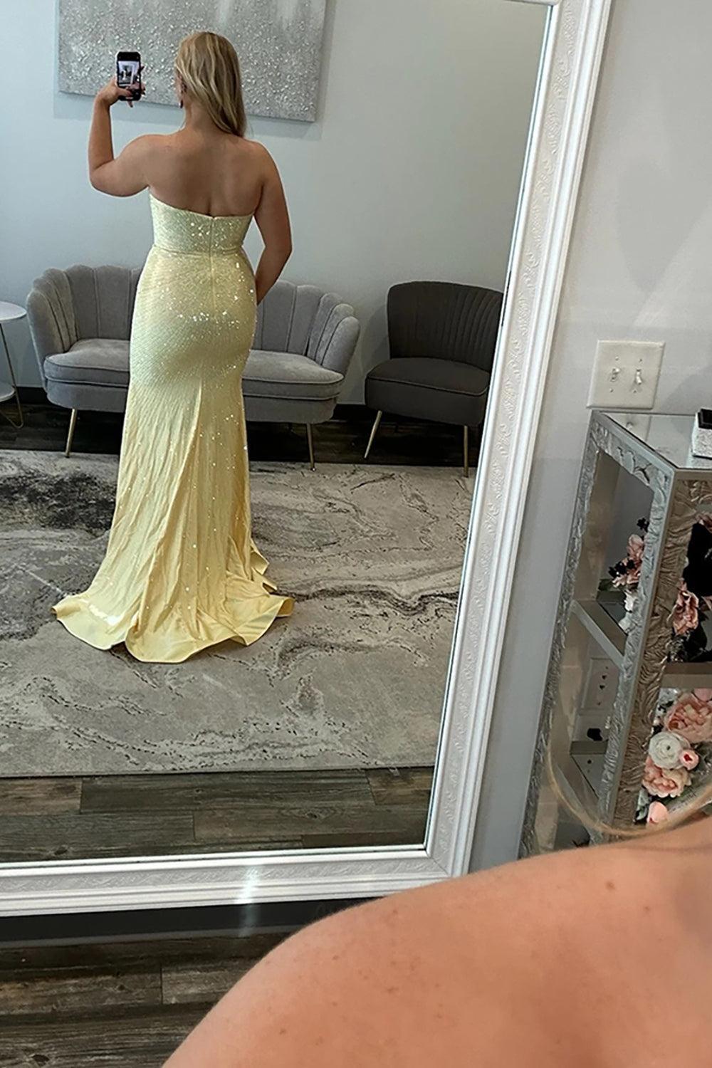 Beaded Yellow Prom Dress Mermaid Satin Sweetheart Long Formal Dress