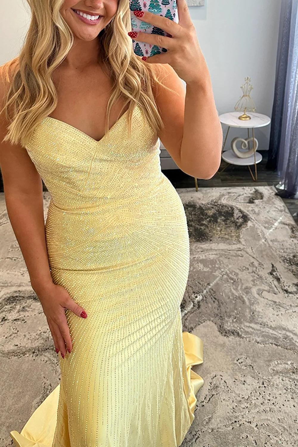 Beaded Yellow Prom Dress Mermaid Satin Sweetheart Long Formal Dress
