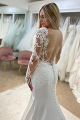 Beautiful White V-Neck Mermaid Long Sleeves Wedding Dress with Lace