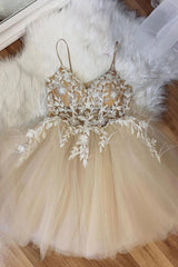 Beige Spaghetti Straps Cocktail Dresses With Appliques
