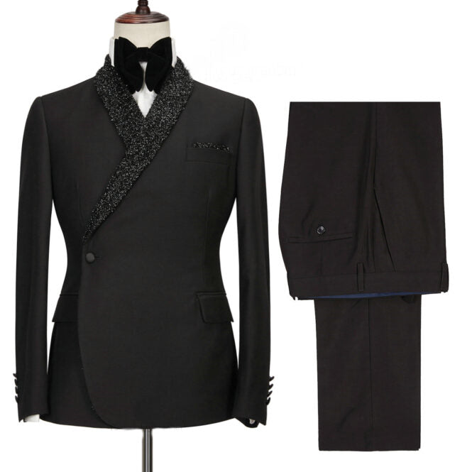 Black 2 Piece Wedding Suit with Sequins Shawl Lapel