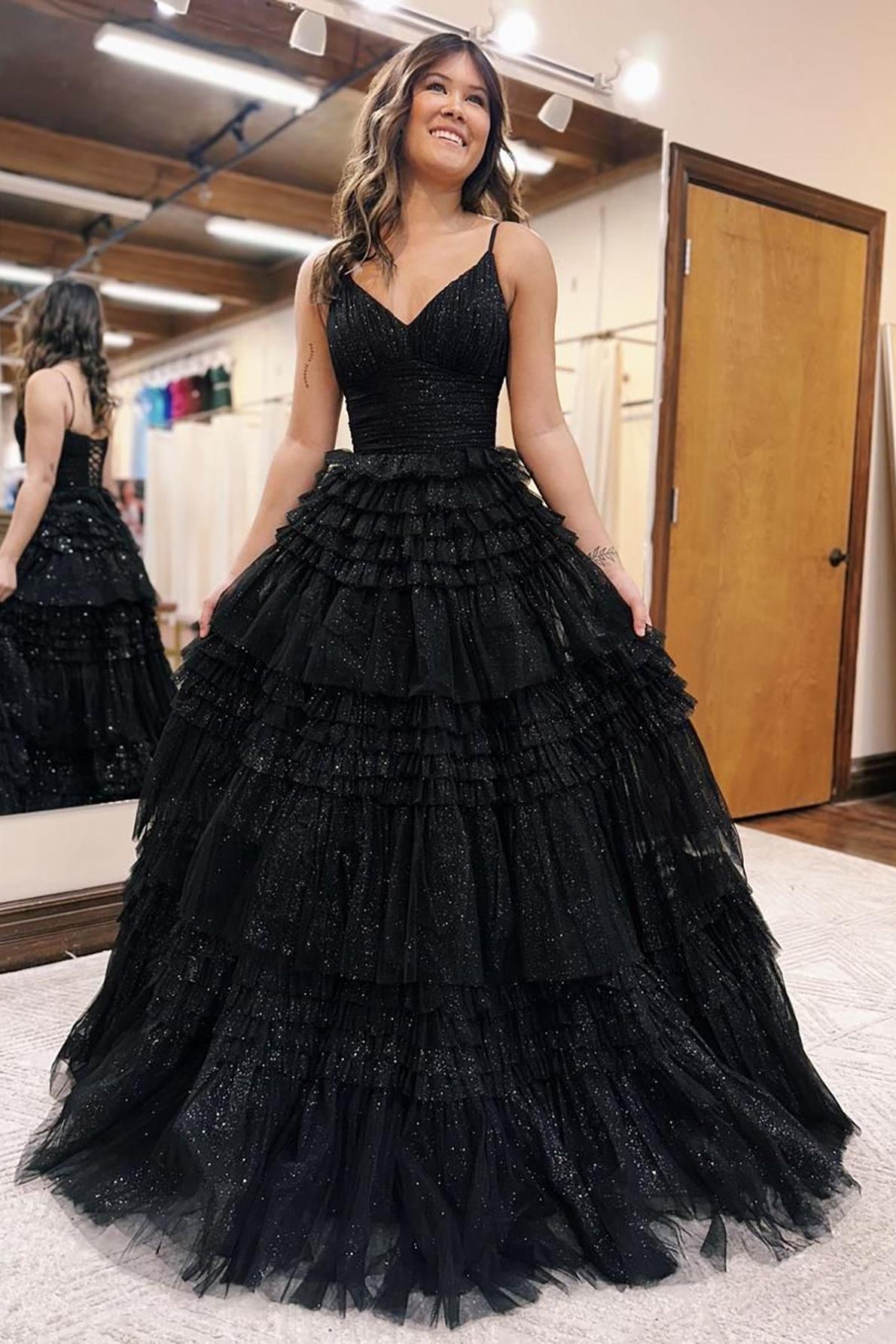 Black A Line Prom Dress Deep V Neck Tiered Long Glitter Tulle Evening Dress