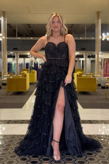 Black A Line Prom Dress Lace Long Evening Dress with Slit