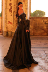 Black A Line Prom Dress Long Sleeve Off the Shoulder Formal Dress With Beadings and Rhinestones