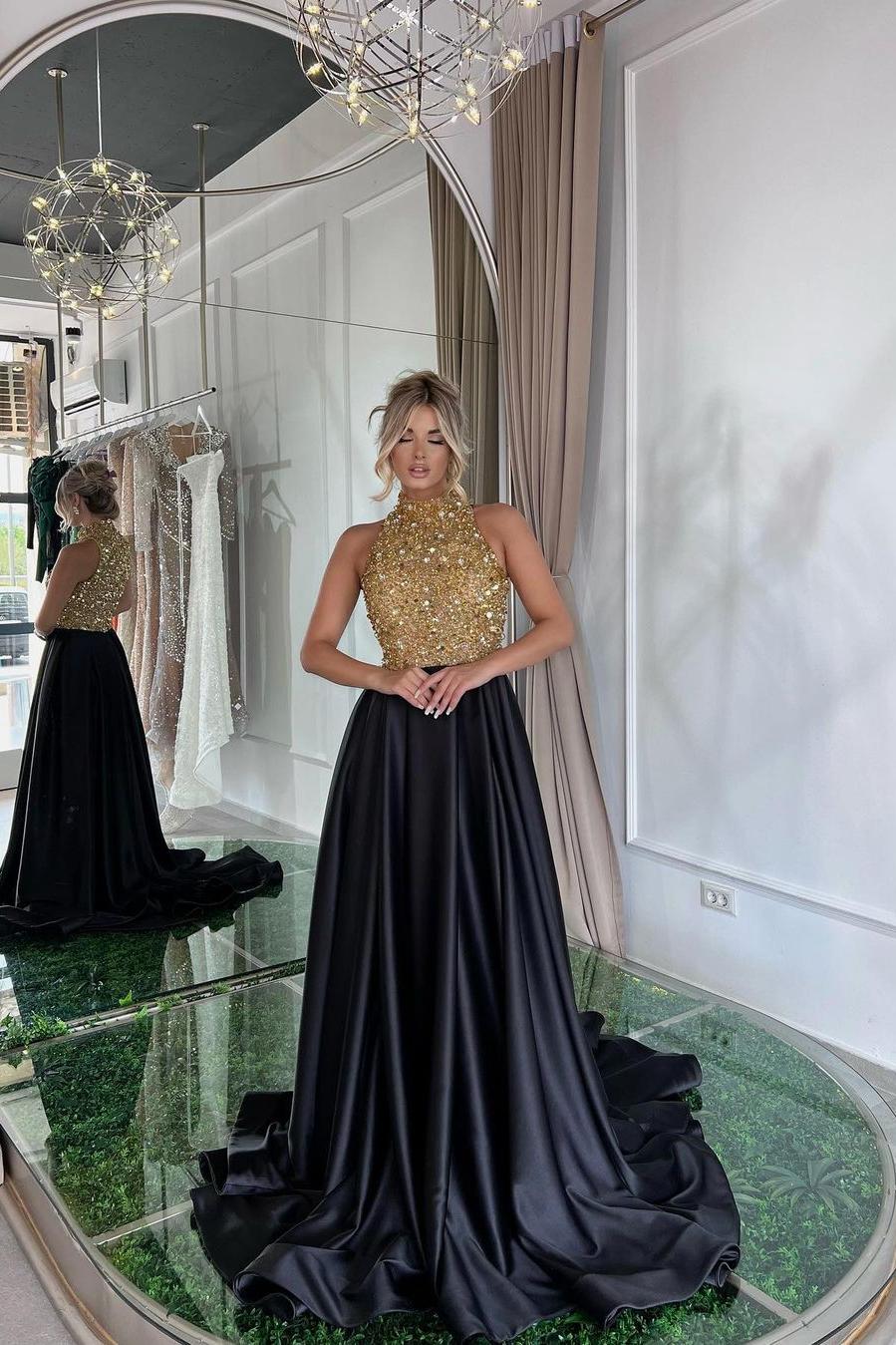 Black A Line Prom Dress Sleeveless High Neck Formal Dress With Beadings and Rhinestones
