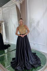 Black A Line Prom Dress Sleeveless High Neck Formal Dress With Beadings and Rhinestones
