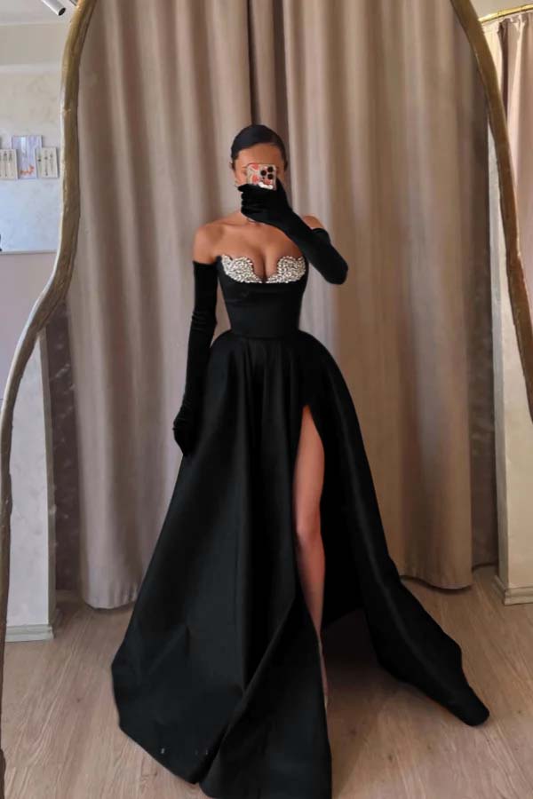 Black A Line Prom Dress Sleeveless Sweetheart Formal Dress With Beadings and Rhinestones