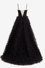Black A Line Prom Dress Tiered Sequin Tulle Long Evening Dress