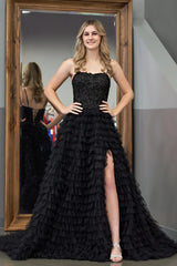 Black A Line Prom Dress Tiered Sequin Tulle Long Evening Dress
