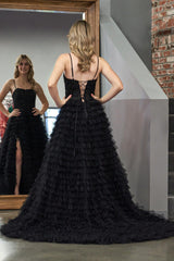 Black A Line Prom Dress Tiered Sequin Tulle Long Evening Dress