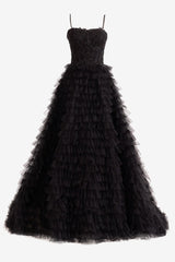 Black A Line Prom Dress Tiered Sequin Tulle Long Evening Dress