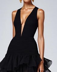 Dressystars Black A Line V-Neck Tiered Sleeveless Long Prom Dress With Slit
