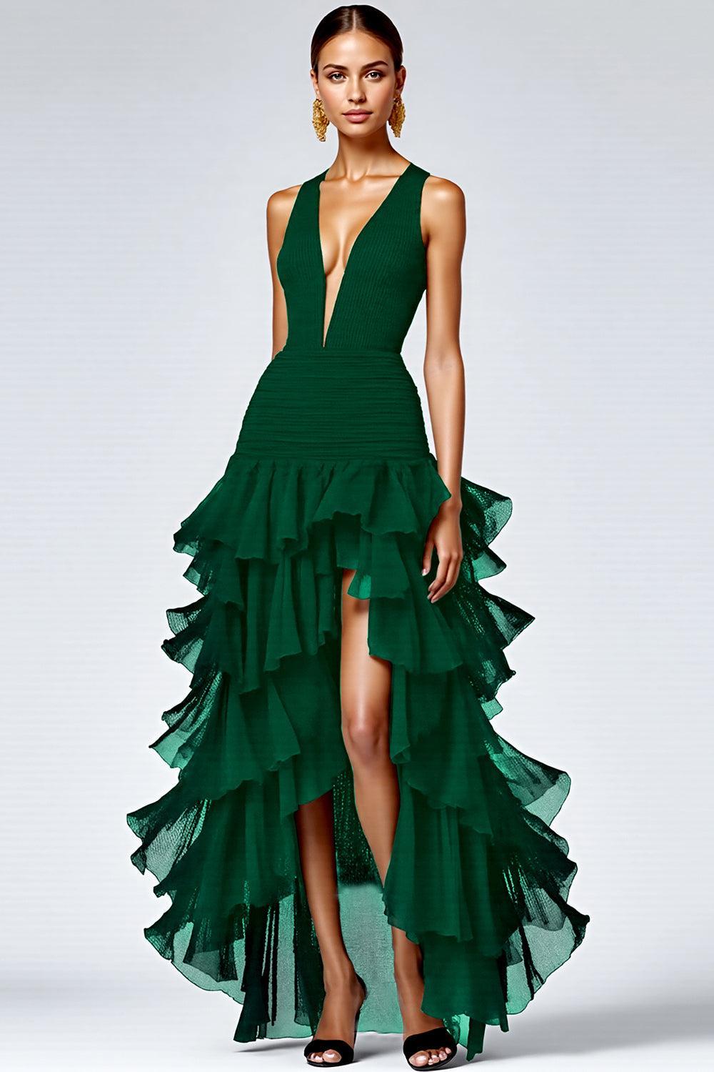 Dressystars Black A Line V-Neck Tiered Sleeveless Long Prom Dress With Slit