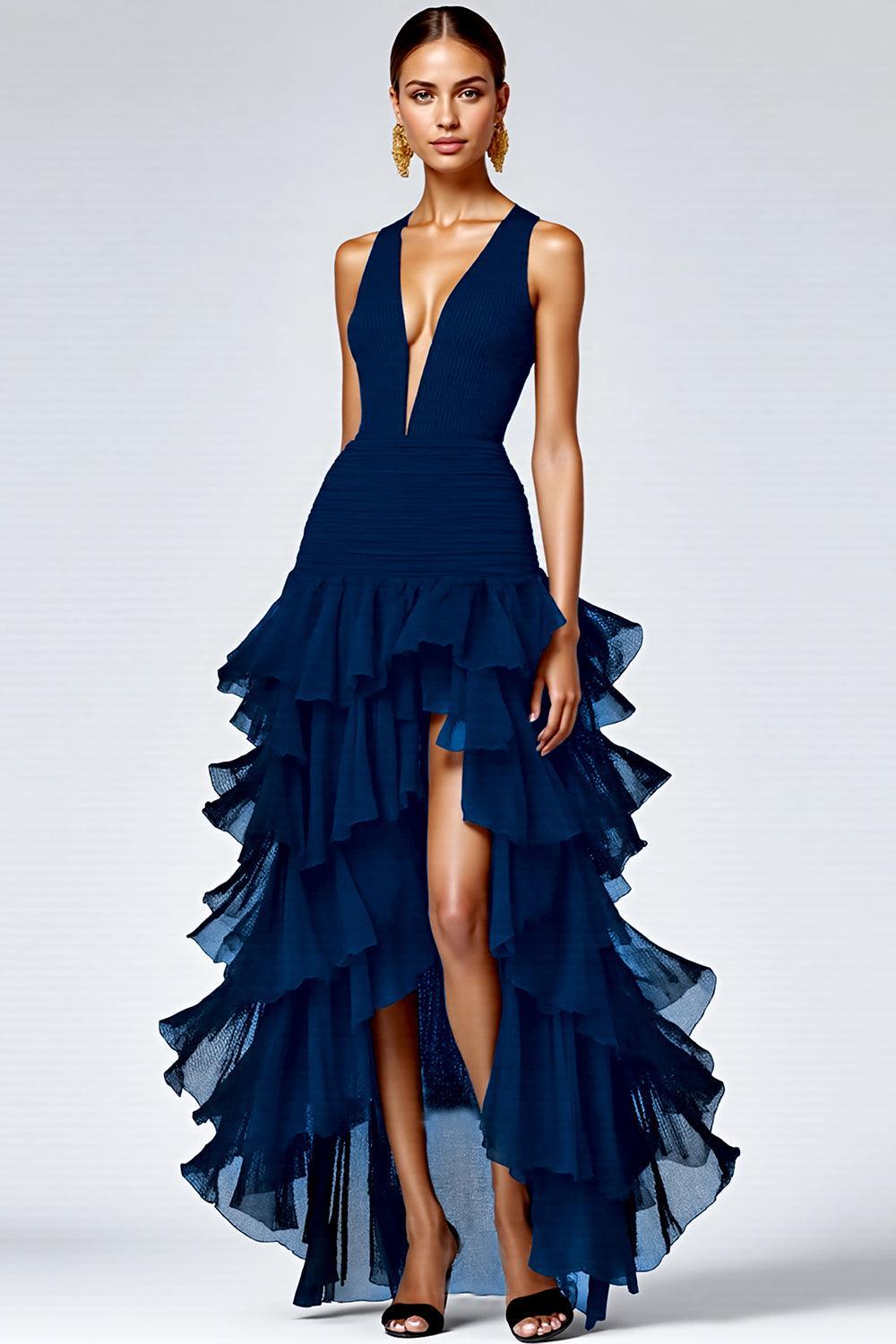 Dressystars Black A Line V-Neck Tiered Sleeveless Long Prom Dress With Slit