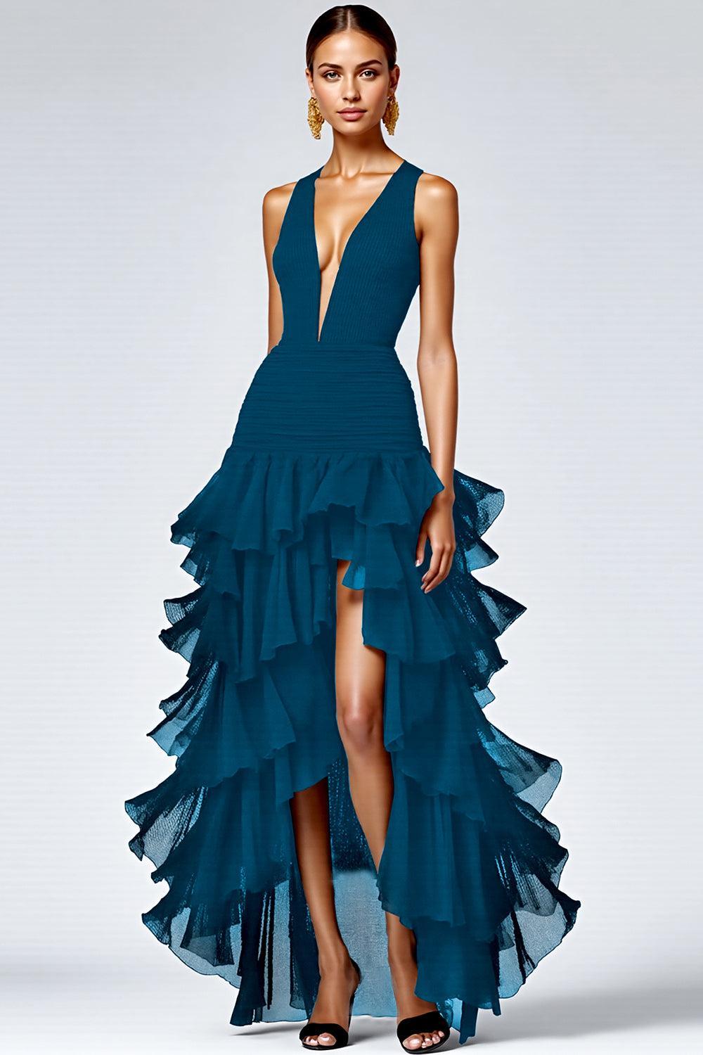 Dressystars Black A Line V-Neck Tiered Sleeveless Long Prom Dress With Slit