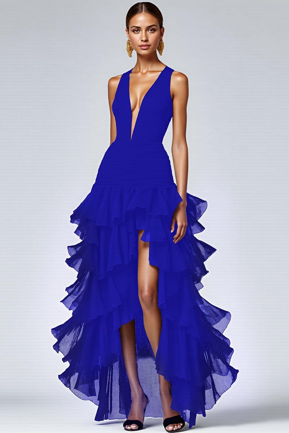 Dressystars Black A Line V-Neck Tiered Sleeveless Long Prom Dress With Slit