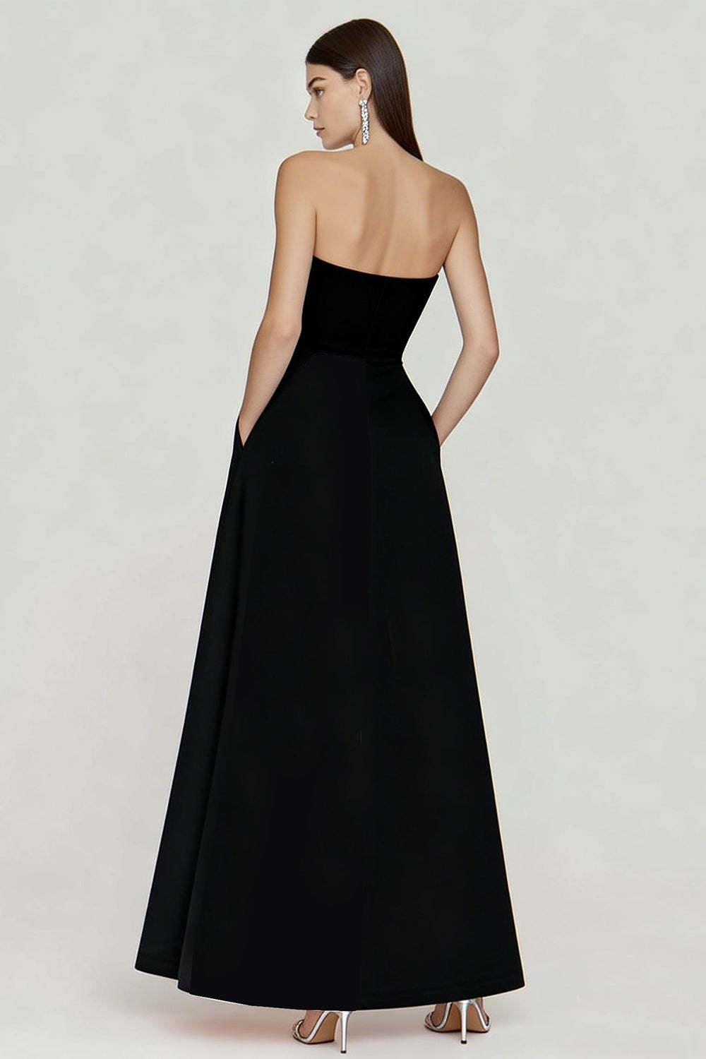 Dressystars Black And White A Line Strapless Long Prom Dress With Slit