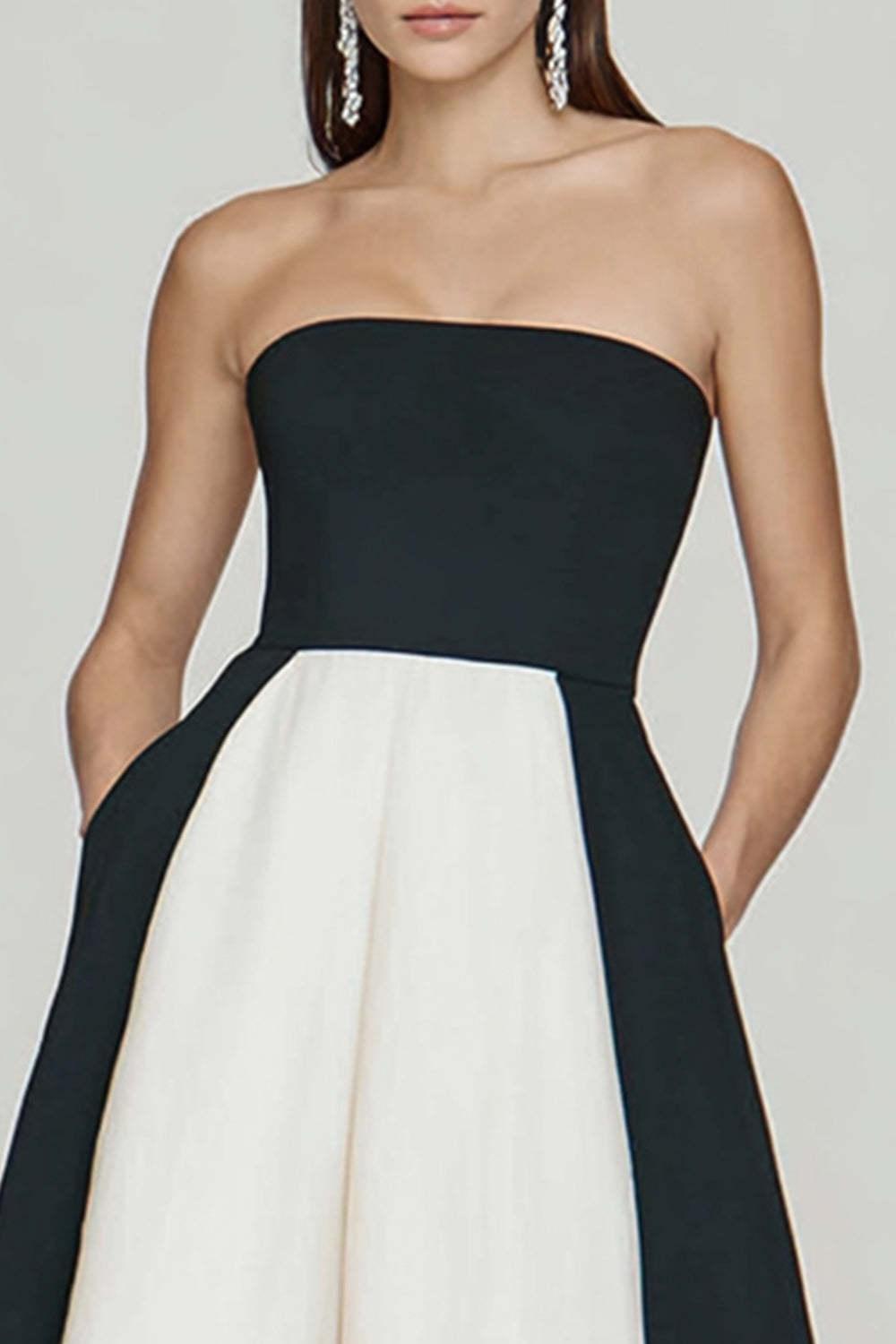 Dressystars Black And White A Line Strapless Long Prom Dress With Slit
