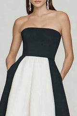 Dressystars Black And White A Line Strapless Long Prom Dress With Slit