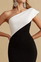Dressystars Black And White Mermaid One Shoulder Long Satin Evening Dress