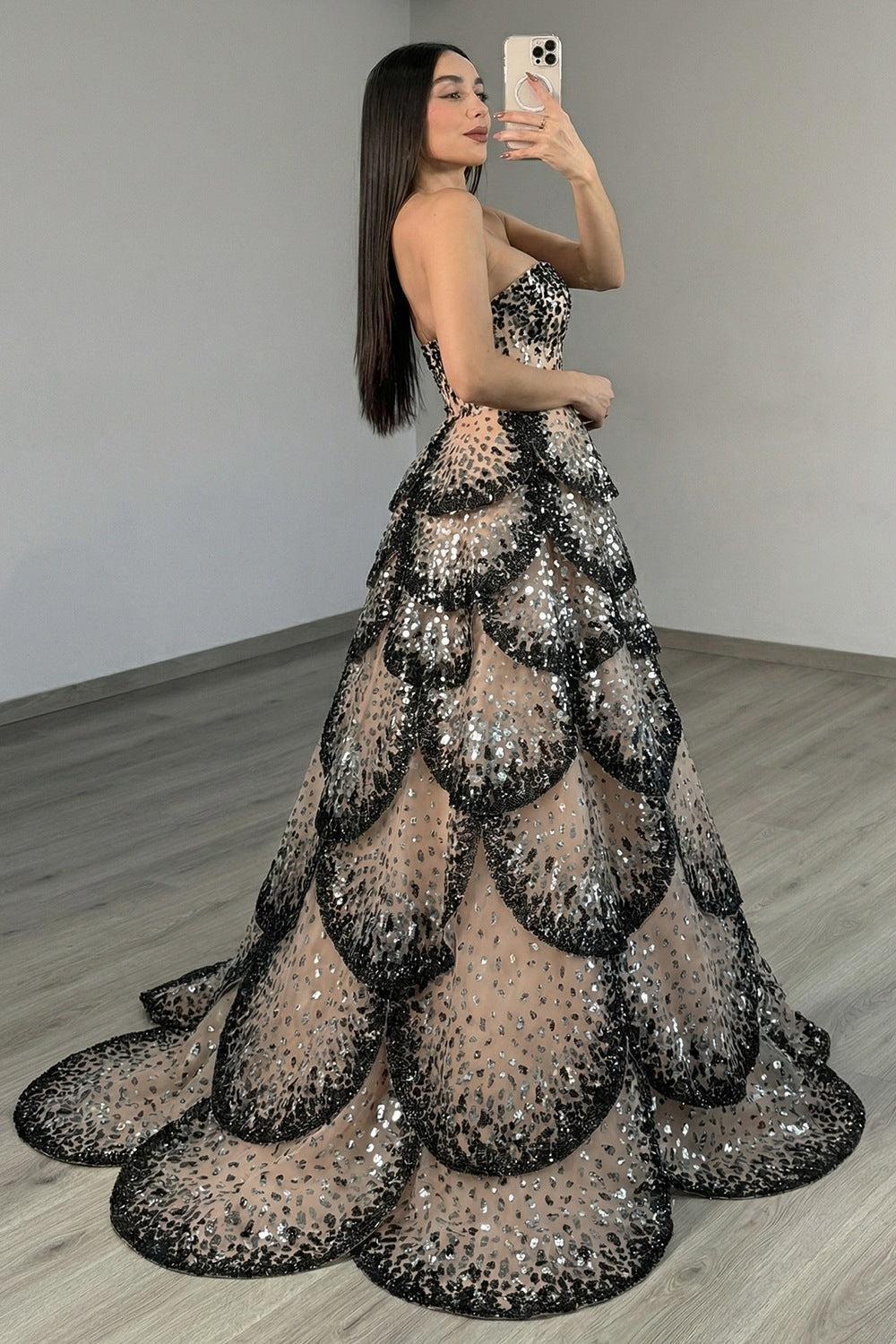 Black Apricot Tiered Prom Dress Strapless A Line Long Formal Dress With Sequin