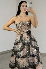 Black Apricot Tiered Prom Dress Strapless A Line Long Formal Dress With Sequin