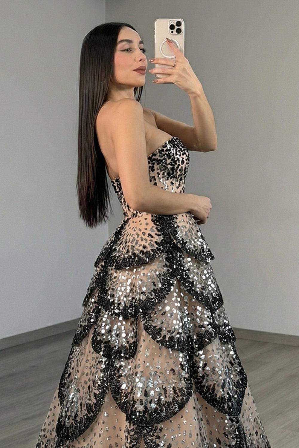 Black Apricot Tiered Prom Dress Strapless A Line Long Formal Dress With Sequin