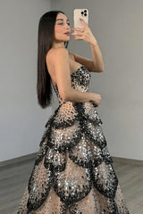 Black Apricot Tiered Prom Dress Strapless A Line Long Formal Dress With Sequin