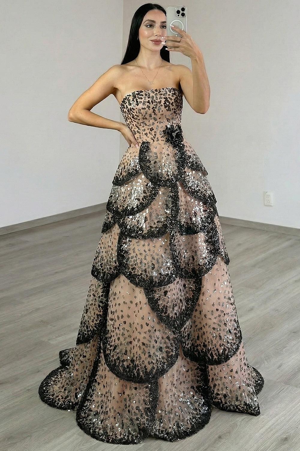 Black Apricot Tiered Prom Dress Strapless A Line Long Formal Dress With Sequin