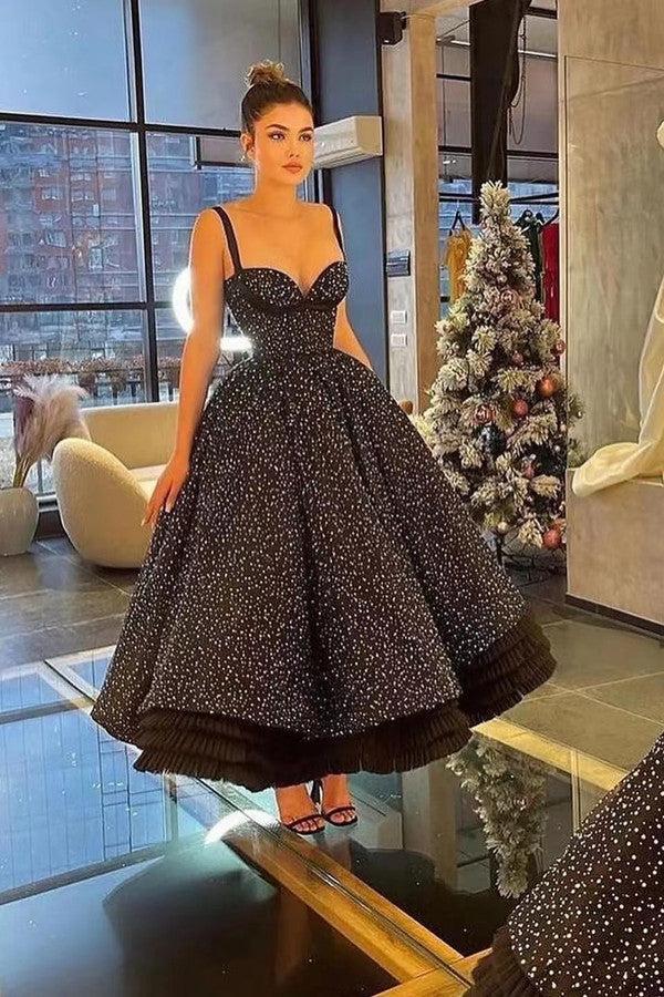 Black Ball Gown Prom Dress Sleeveless Spaghetti Straps Tea Length Formal Dress With Sequins