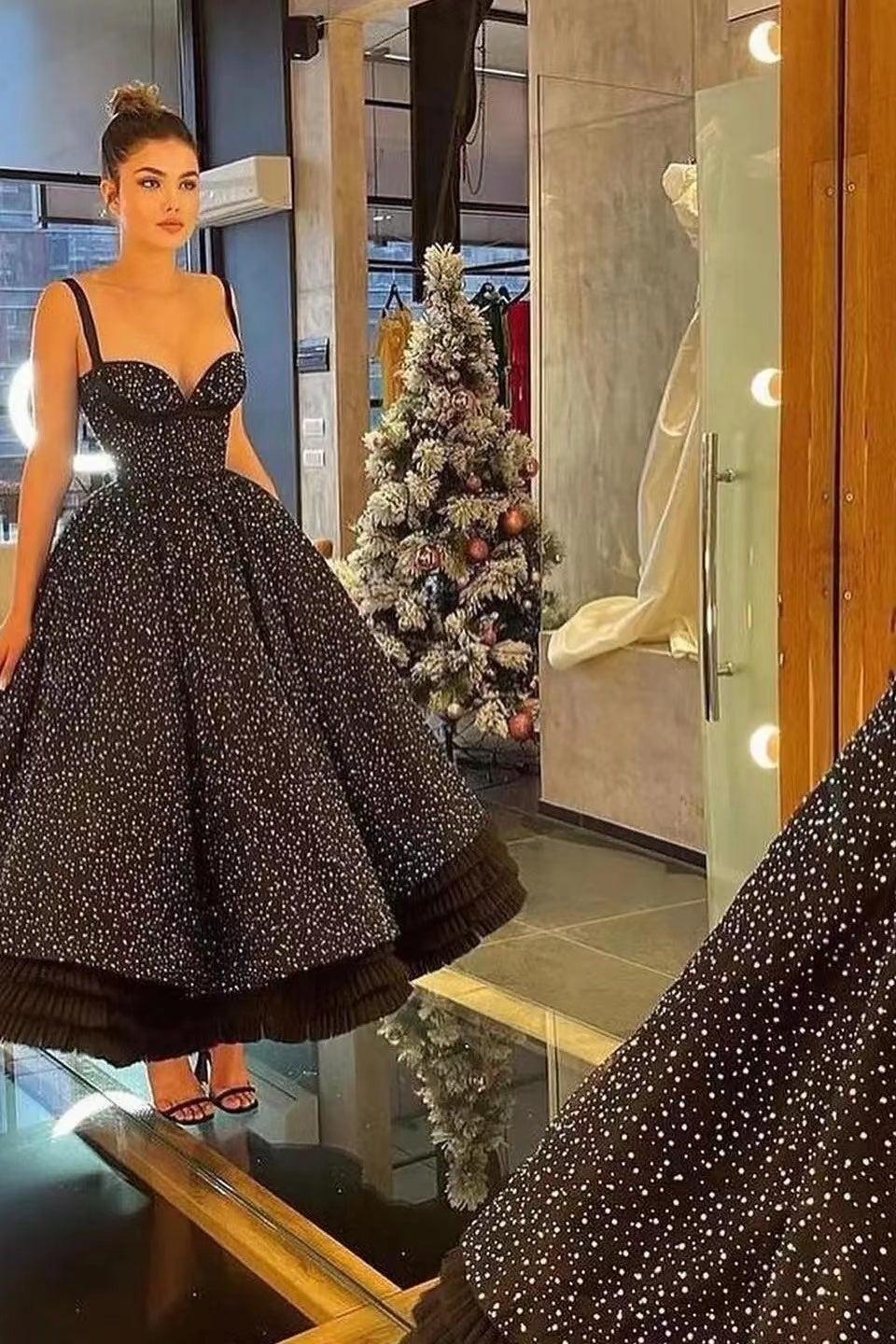 Black Ball Gown Prom Dress Sleeveless Spaghetti Straps Tea Length Formal Dress With Sequins