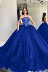 Black Ball Gown Prom Dress Sleeveless Strapless Formal Dress With Lace Appliques