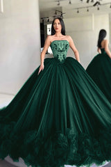 Black Ball Gown Prom Dress Sleeveless Strapless Formal Dress With Lace Appliques