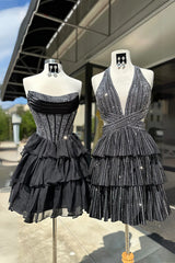 Black Beaded Corset A Line Homecoming Dresses Short Cocktail Dresses With Ruffles