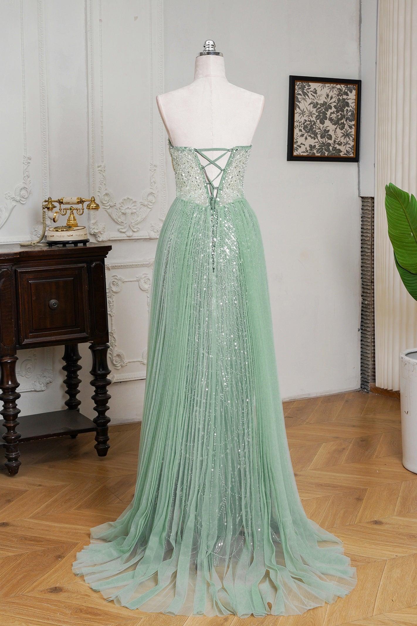 Champagne Beaded Formal Dress Strapless Sheath Wedding Party Dress with Panel Train