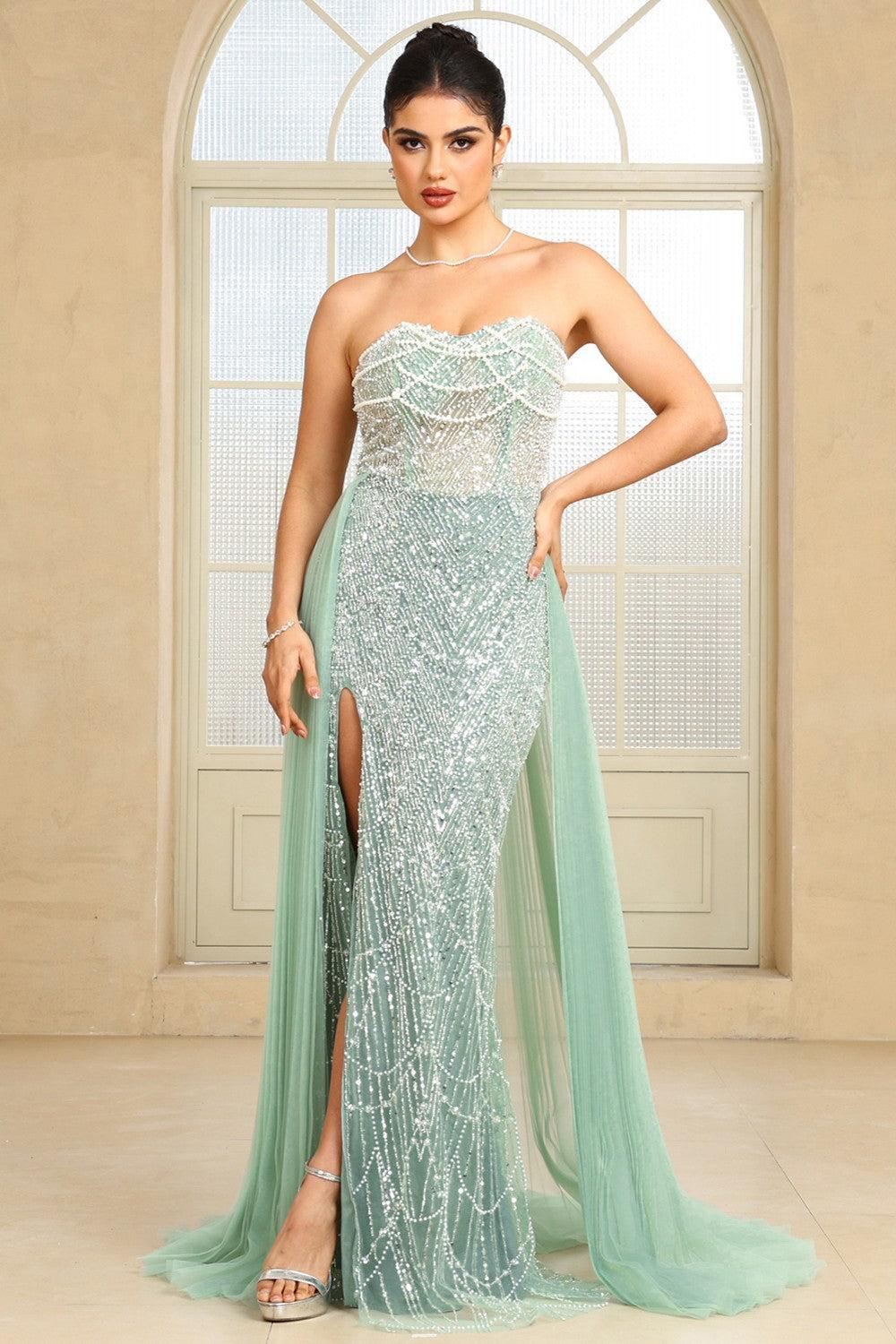 Champagne Beaded Formal Dress Strapless Sheath Wedding Party Dress with Panel Train