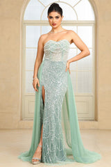 Champagne Beaded Formal Dress Strapless Sheath Wedding Party Dress with Panel Train