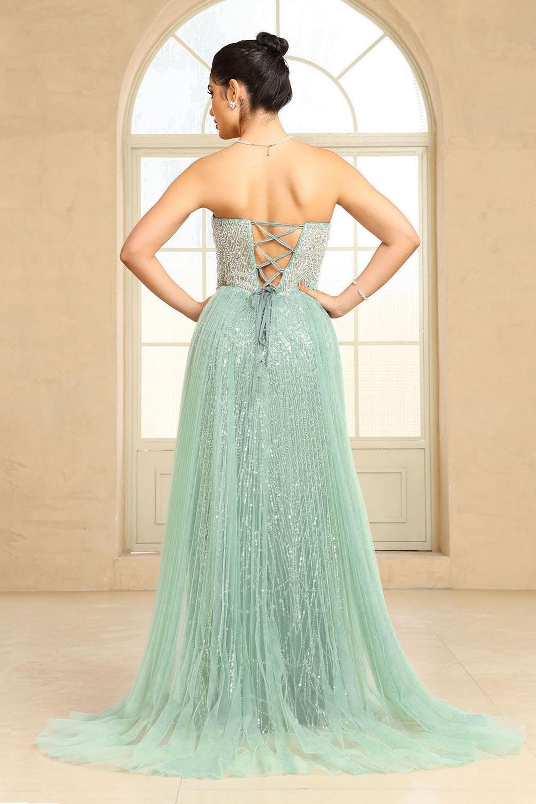 Champagne Beaded Formal Dress Strapless Sheath Wedding Party Dress with Panel Train
