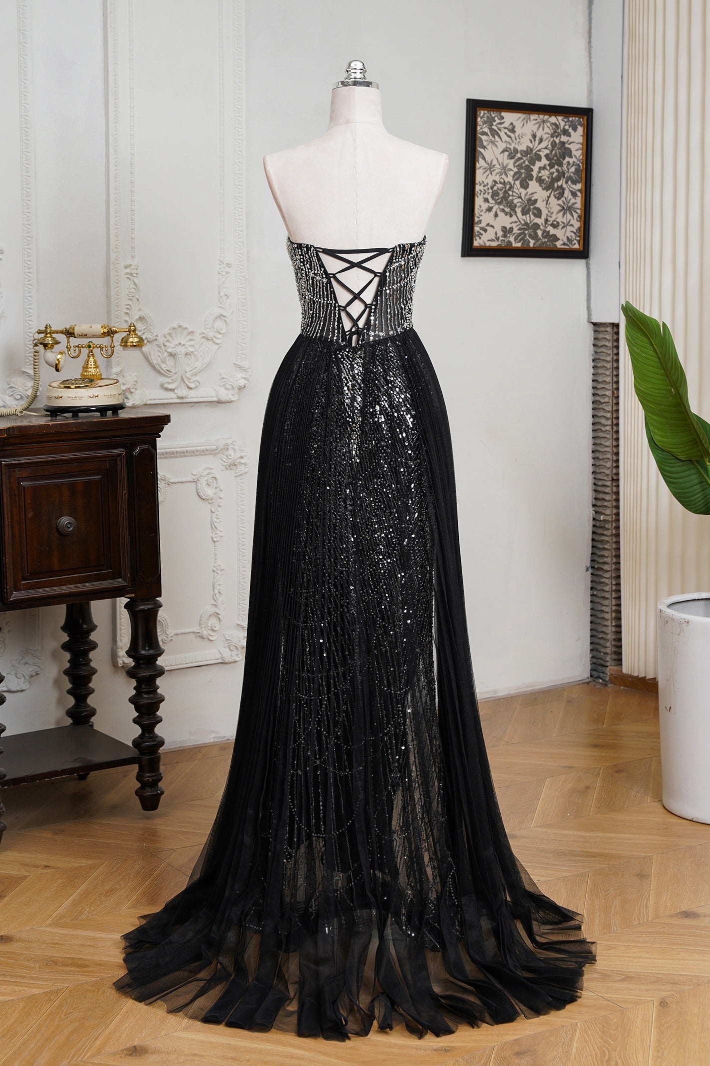 Champagne Beaded Formal Dress Strapless Sheath Wedding Party Dress with Panel Train