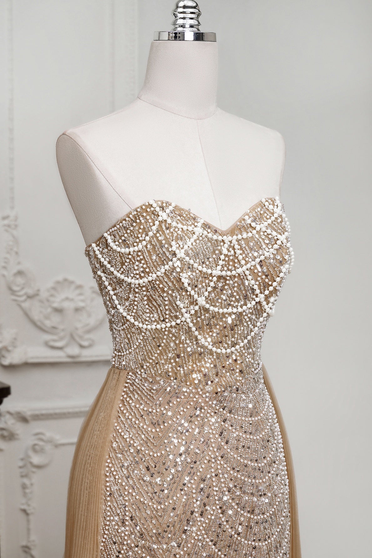 Champagne Beaded Formal Dress Strapless Sheath Wedding Party Dress with Panel Train