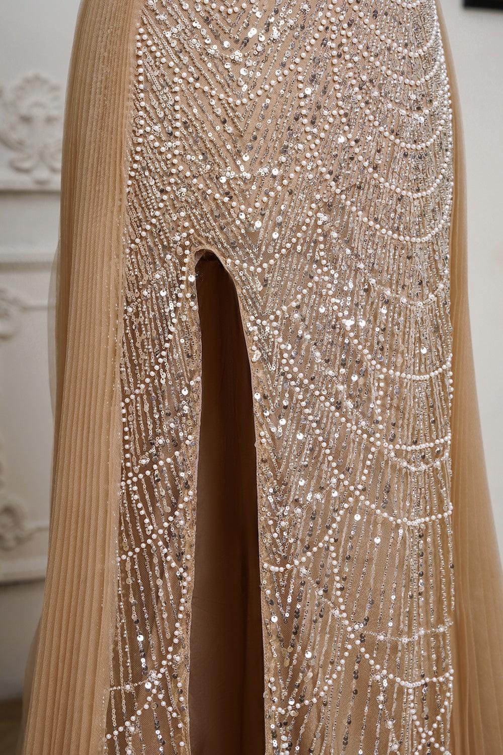 Champagne Beaded Formal Dress Strapless Sheath Wedding Party Dress with Panel Train