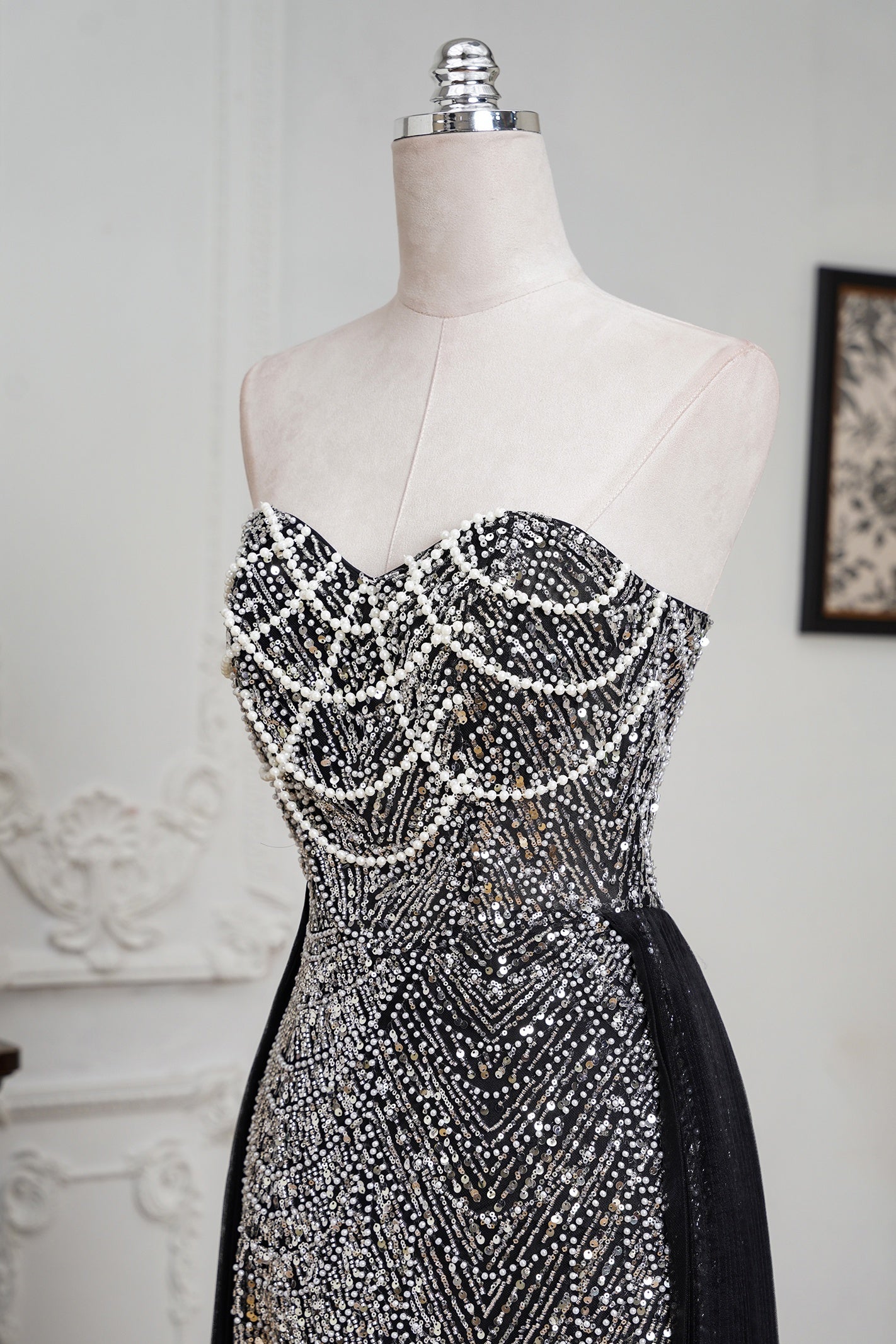 Champagne Beaded Formal Dress Strapless Sheath Wedding Party Dress with Panel Train
