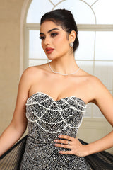 Champagne Beaded Formal Dress Strapless Sheath Wedding Party Dress with Panel Train