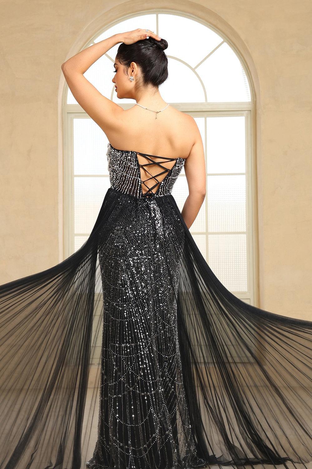 Champagne Beaded Formal Dress Strapless Sheath Wedding Party Dress with Panel Train
